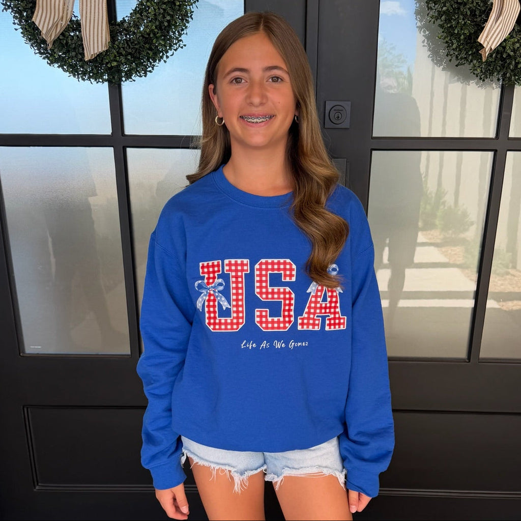 Women's American Girl Blue Bow Crewneck